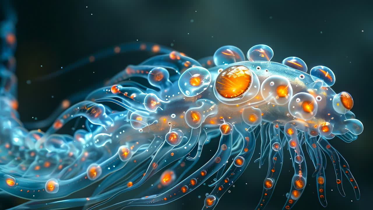 Radiant underwater creature. A translucent aquatic creature glides through dark water, illuminated by glowing orbs along its body