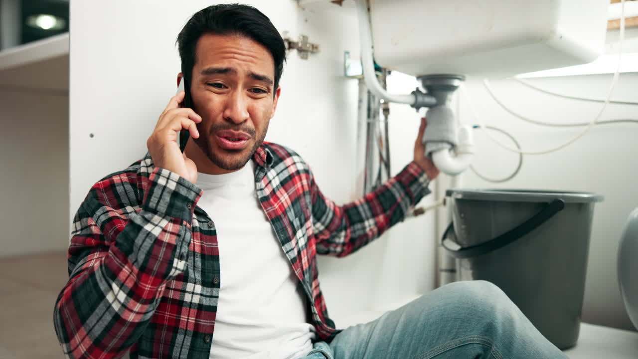 Man on phone call repairing a leaky sink