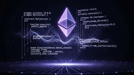 dynamic representation of ethereum smart contracts with code visualization, highlighting function execution and event handling in a digital environment