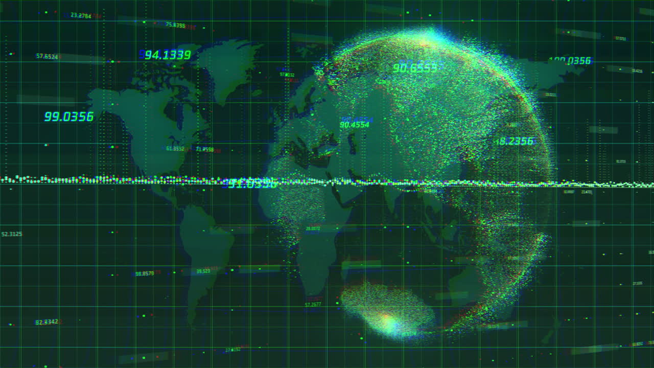 Animation of green graphs and globe rotating on green world map in background