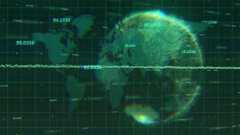 animación de gráficos verdes y globo que gira en el mapa del mundo verde en el fondo