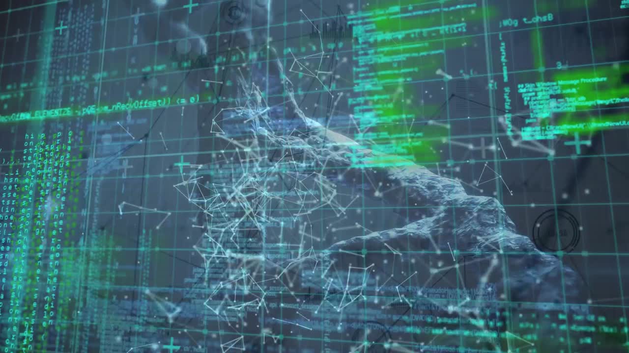Animation of digital infographic interface with dna molecule and dots connecting with lines