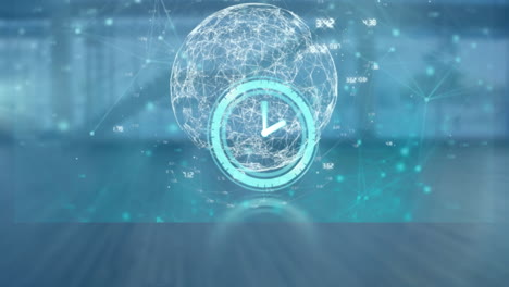 animation of clock and data processing over empty office