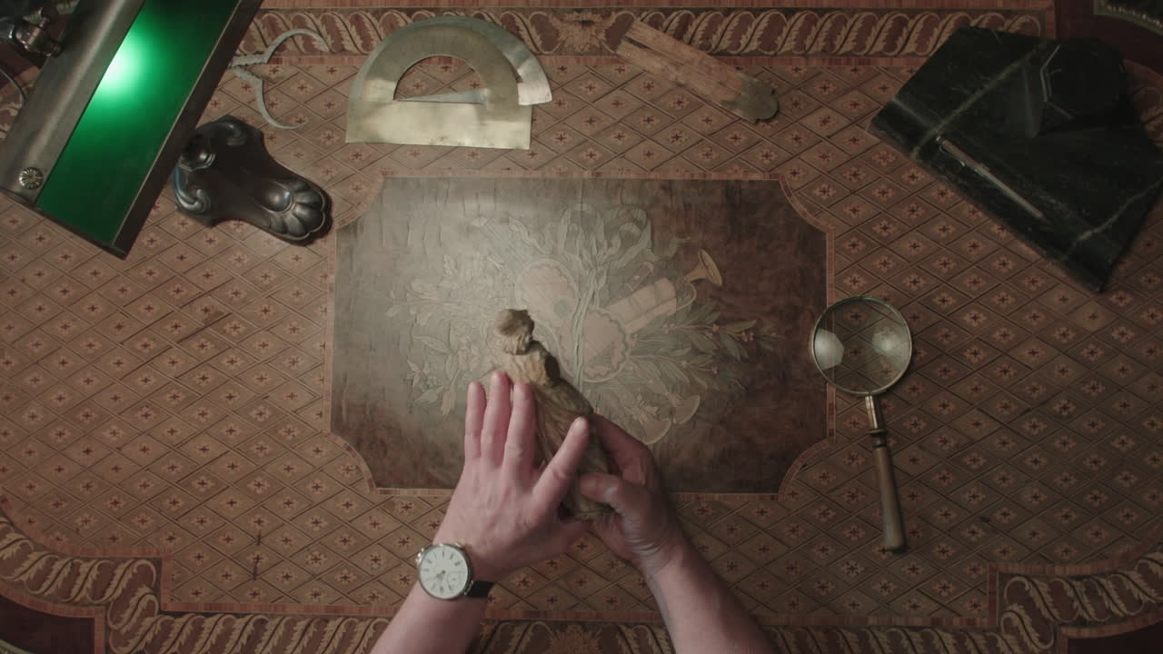 An older man evaluates an old statue