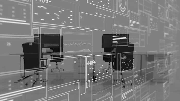 Animation of interface with data processing against empty office
