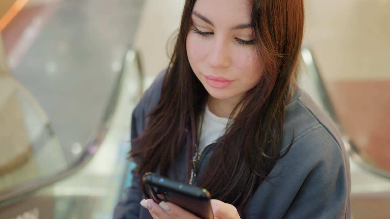 Young woman descending escalator while operating smartphone, turns head slightly as she steps off, surrounded by mall interior and passersby, capturing candid moment of digital engagement
