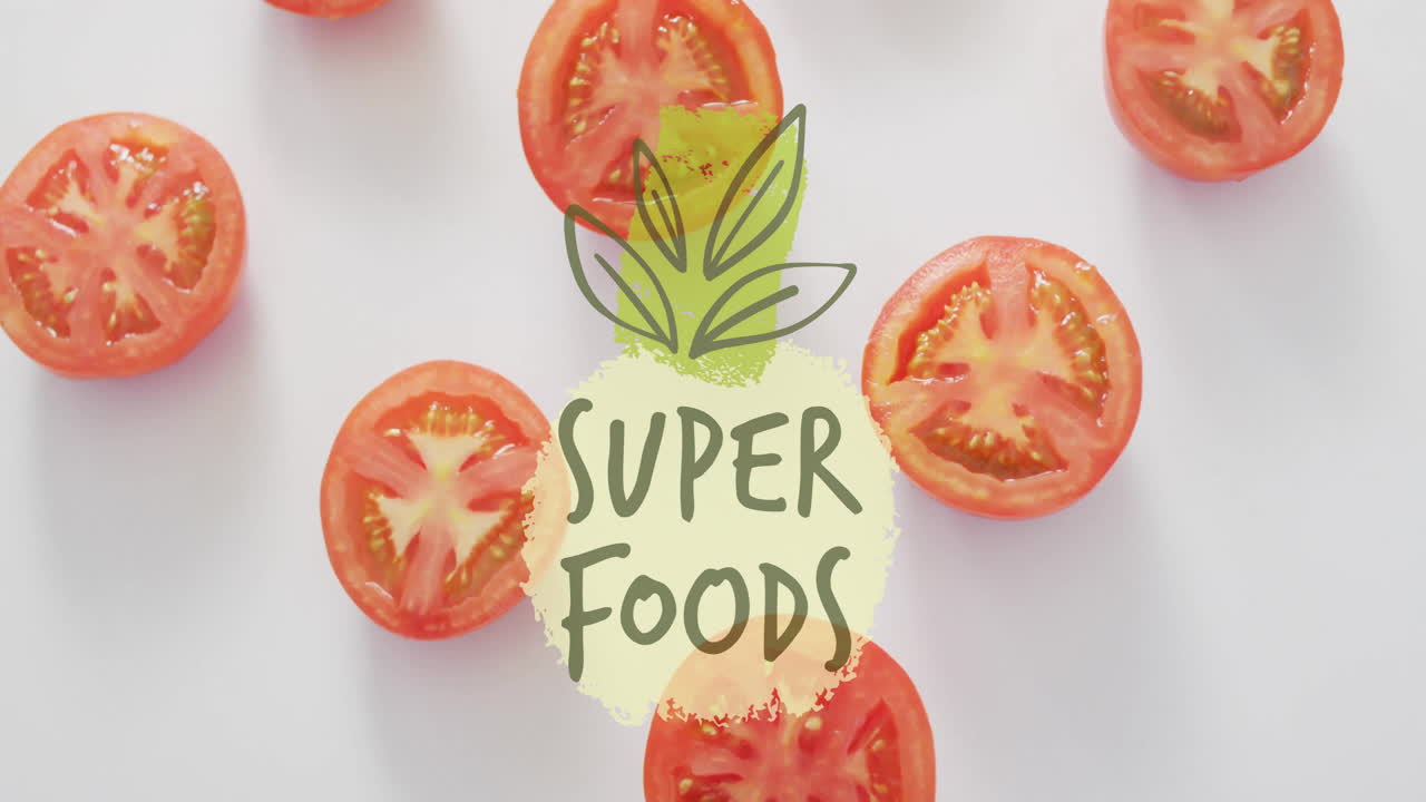 하 바탕에 개진 토마토 위에 슈퍼 푸드 텍스트 애니메이션