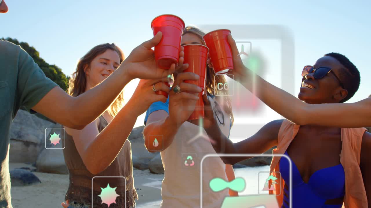 Five friends aligning red cups at sunset beach toasting while digital icons rising for marketing