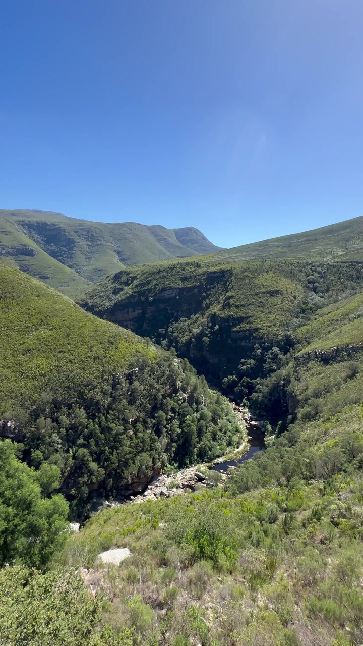 Valle di un verde vivace con un fiume che scorre attraverso un terreno montuoso sotto un cielo azzurro limpido a Riversdale, Sudafrica
