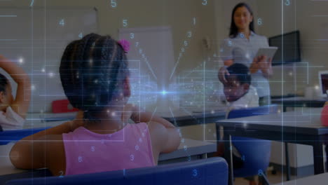 children learning in classroom with digital data processing animation overlay
