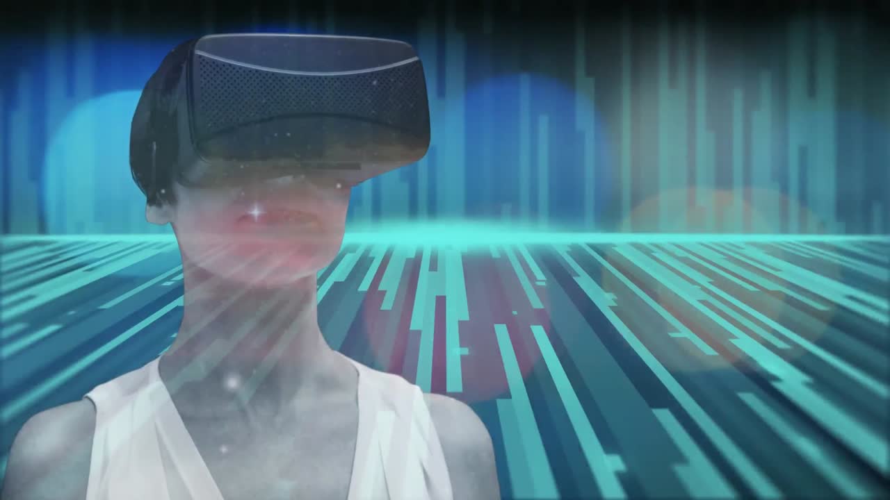 mujer usando auriculares vr sobre rastros de luz contra puntos de luz