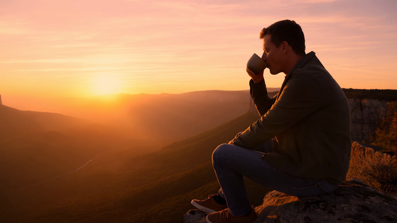 White Man Sitting On Cliff Drinking Coffee At Sunrise Over Mountain Valley, Golden Light Casting Long Shadows,