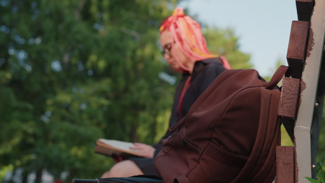 Mujer joven leyendo, persona relajándose al aire libre con un libro, mujer con trenzas rosas leyendo en un banco del parque, mujer caucásica relajada con el pelo de colores disfrutando de la lectura en un parque soleado