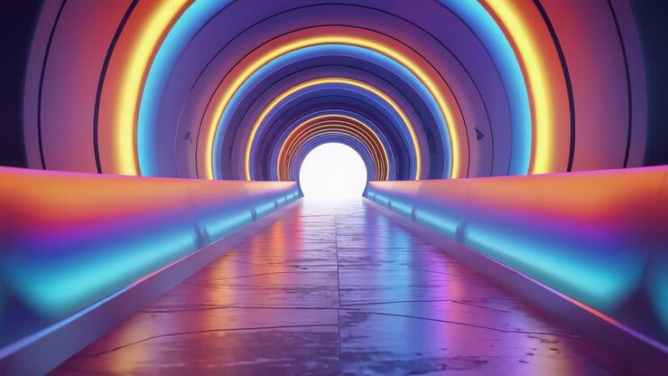 Un túnel futurista iluminado con neón y colores vibrantes