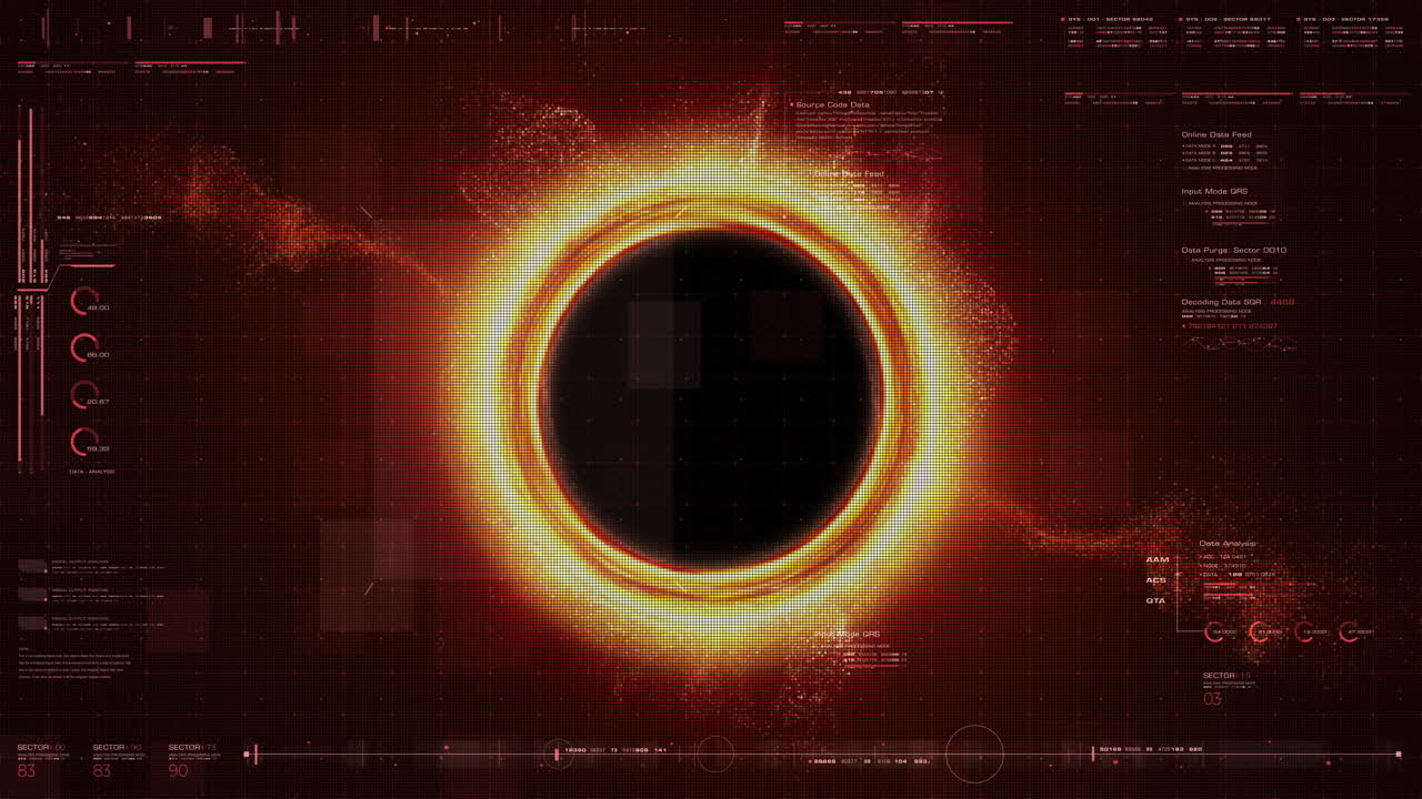 simulación futurista de visualización frontal de un agujero negro, una región del espacio-tiempo que exhibe efectos gravitacionales tan fuertes que nada puede escapar