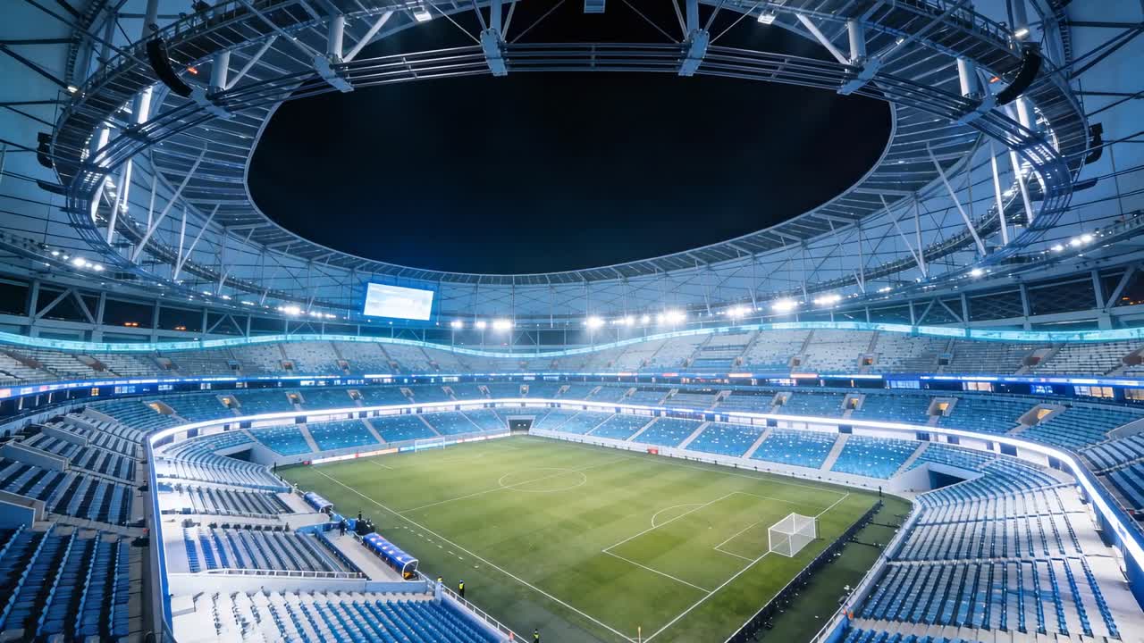 Telecamera panoramica che riprende uno stadio di notte, mostrando il campo segnato, le reti delle porte vuote e l'anello del tetto.