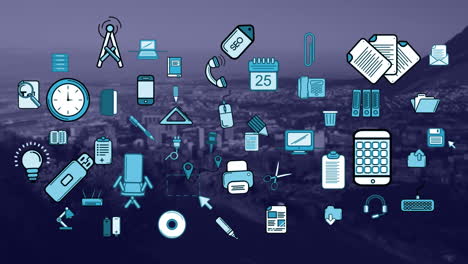 office object icons moving over landscape