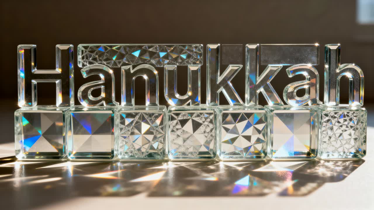 Casting right sunlight on Hanukkah sign creating shifting prism glints for decor on tabletop