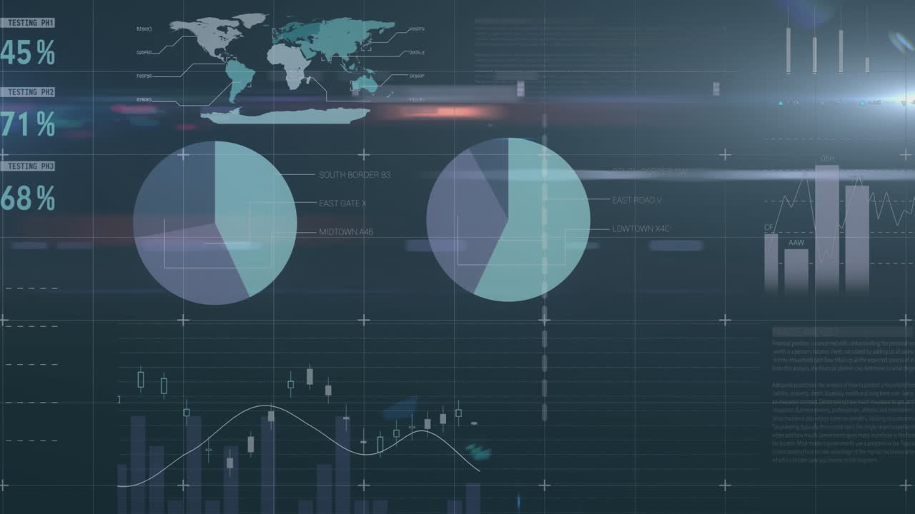 Data and charts on dark green background