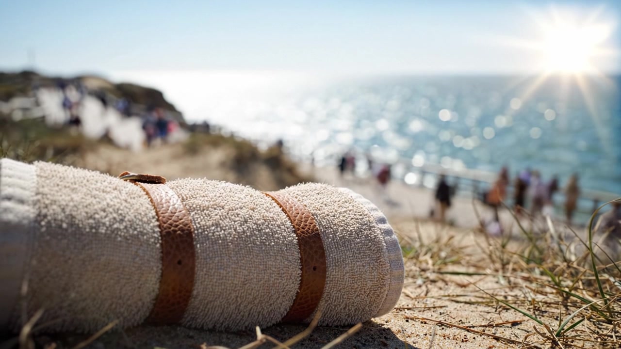Una tranquilla scena da spiaggia che mostra un asciugamano arrotolato su terreno sabbioso con l'oceano scintillante sullo sfondo e persone che si godono la riva illuminata dal sole.