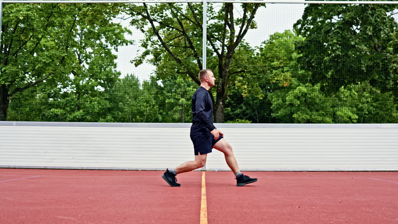 Atletický muž provádí cvičení v tréninku, venku na sportovním hřišti. Koncept zdravého životního stylu. Síla, motivace. Venkovní posilovna. Muž sportuje venku v parku.