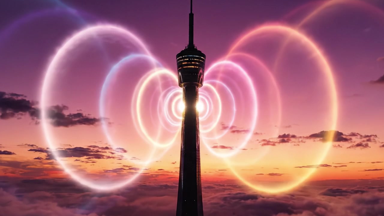 Torre maestosa sagomata contro un cielo mozzafiato al tramonto, arricchita da motivi luminosi vibranti e onde colorate, che simboleggia connessione ed energia sopra le nuvole.