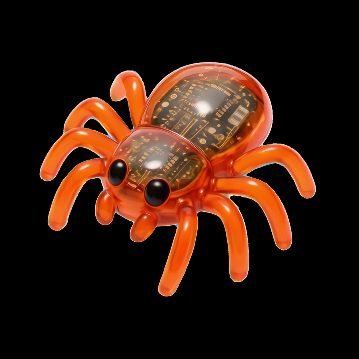 Sød orange robotedderkop med synlig elektronik, der går