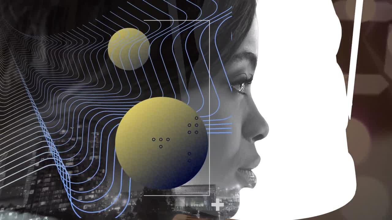 Animation of globes with network of connections over woman face