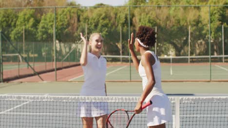 Video-of-happy-diverse-female-tennis-players-holding-rackets-and-clapping-hands