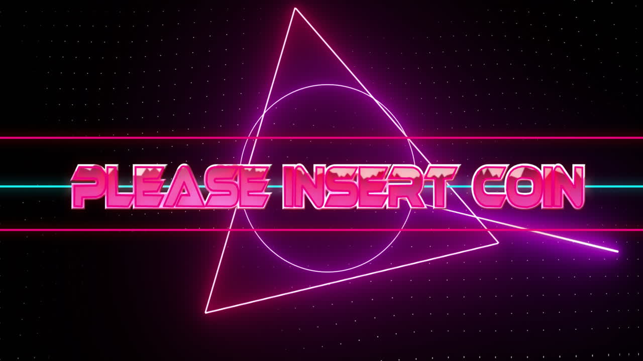 Animation of please insert coin text over neon pattern background