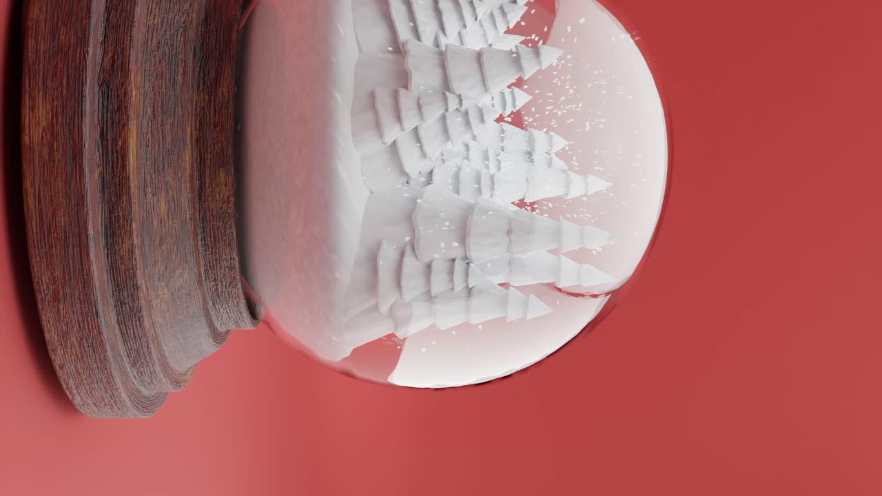 빨간색 배경 수직에 스노우 글로브 내의 마법에 걸린 겨울 숲