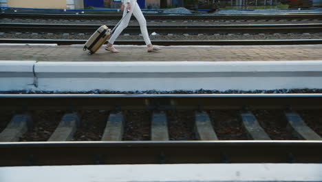 a woman in a business suit in a travel bag is on the railway station in the picture can be seen only