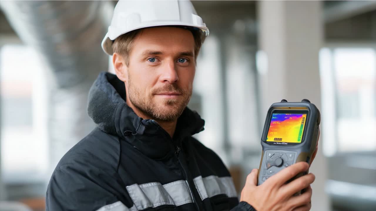 A construction worker wearing a safety helmet presents a thermal imaging camera, showcasing modern technology used for energy efficiency and building inspections in a professional environment