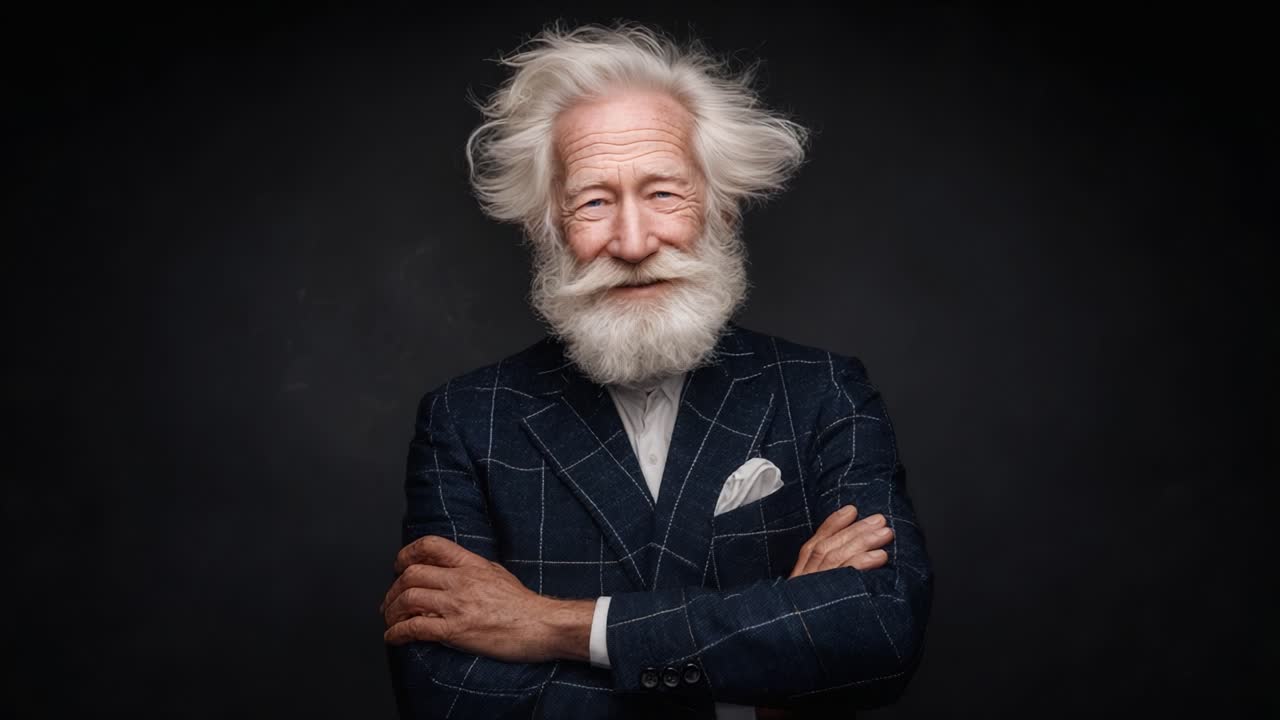 Un anziano signore distinto con barba bianca e abbigliamento elegante, che emana sicurezza e carisma su uno sfondo scuro.