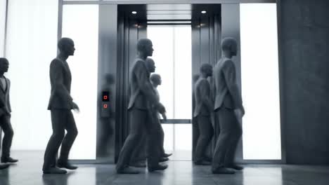 a surreal gathering: a sequence depicting multiple figures exiting an elevator in an abstract, modern architectural space with a sleek aesthetic