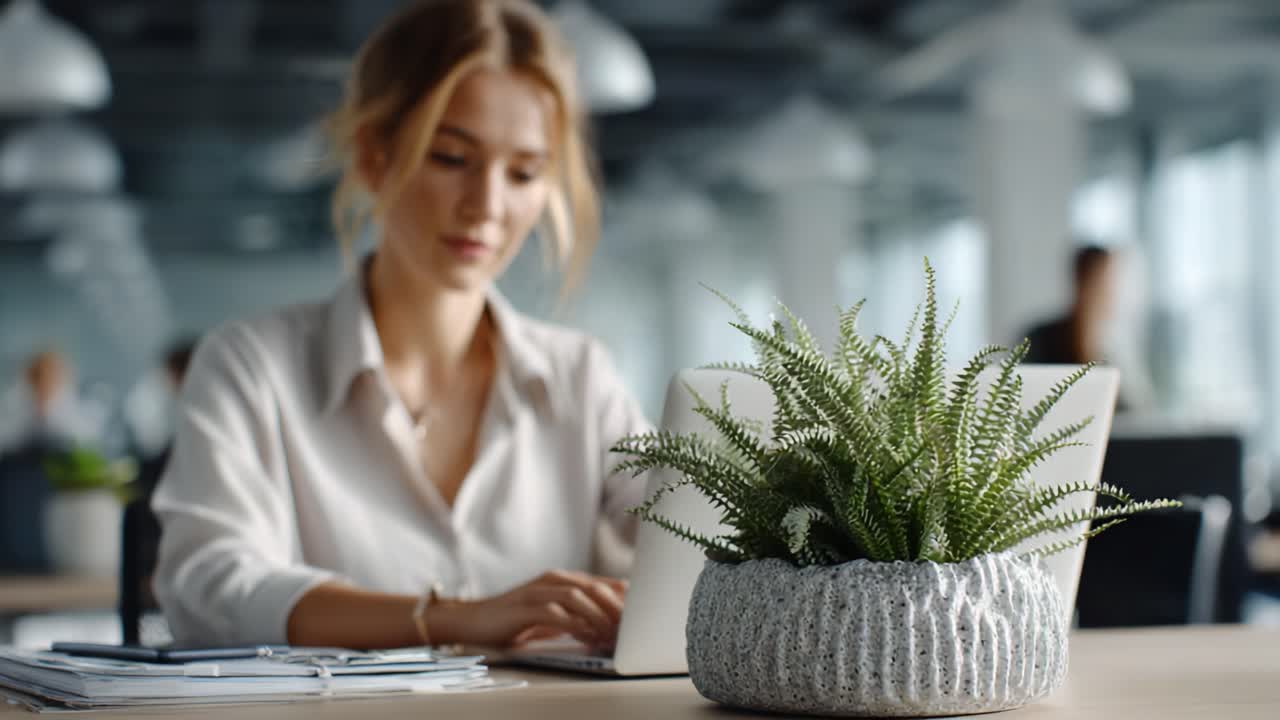 A Focused Professional Engaged in Work at a Modern Workspace, Featuring a Lively Potted Plant in the Foreground Enhancing the Aesthetic Atmosphere of the Office