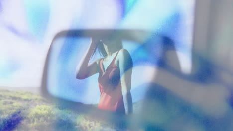 in animation, woman in red dress reflected in car mirror with blue overlay