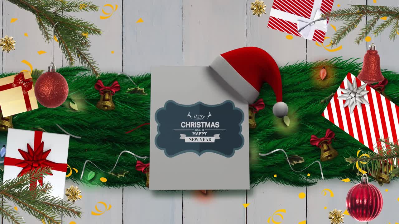 Animación de texto de felicitaciones navideñas sobre decoraciones navideñas y regalos