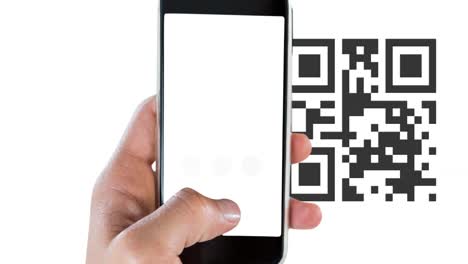 animation of woman scanning qr code with smartphone on white background