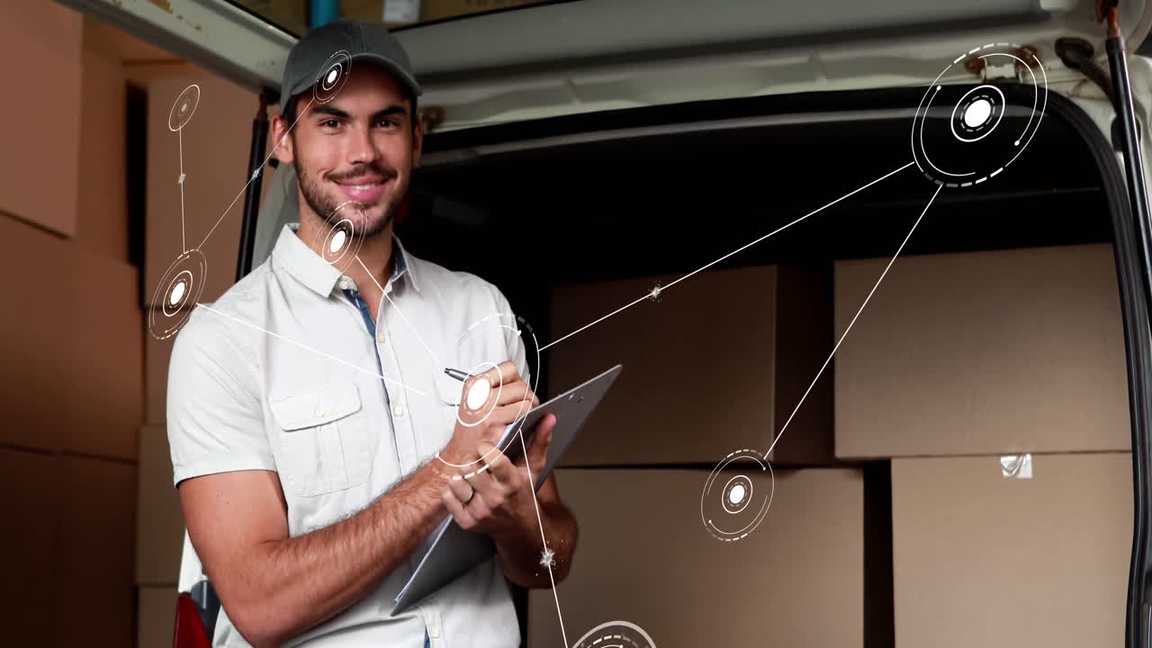 animación de la red de conexiones con iconos sobre el repartidor caucásico