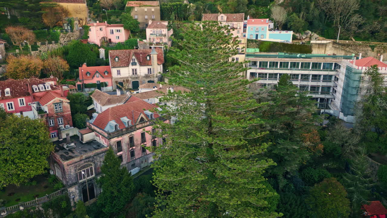 Drone picturesque green village at calm evening. Lush greenery surrounding homes