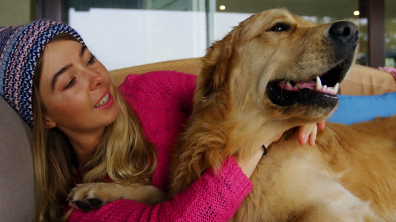 mujer besando a su perro en el sofá en casa 4k