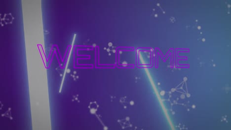 Animation-of-welcome-text-over-molecules-on-blue-background