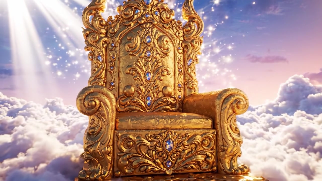 Majestátní zlatý trůn obklopený éterickými mraky a oslnivým světlem, symbolizující moc, autoritu a spojení s božskou říší.