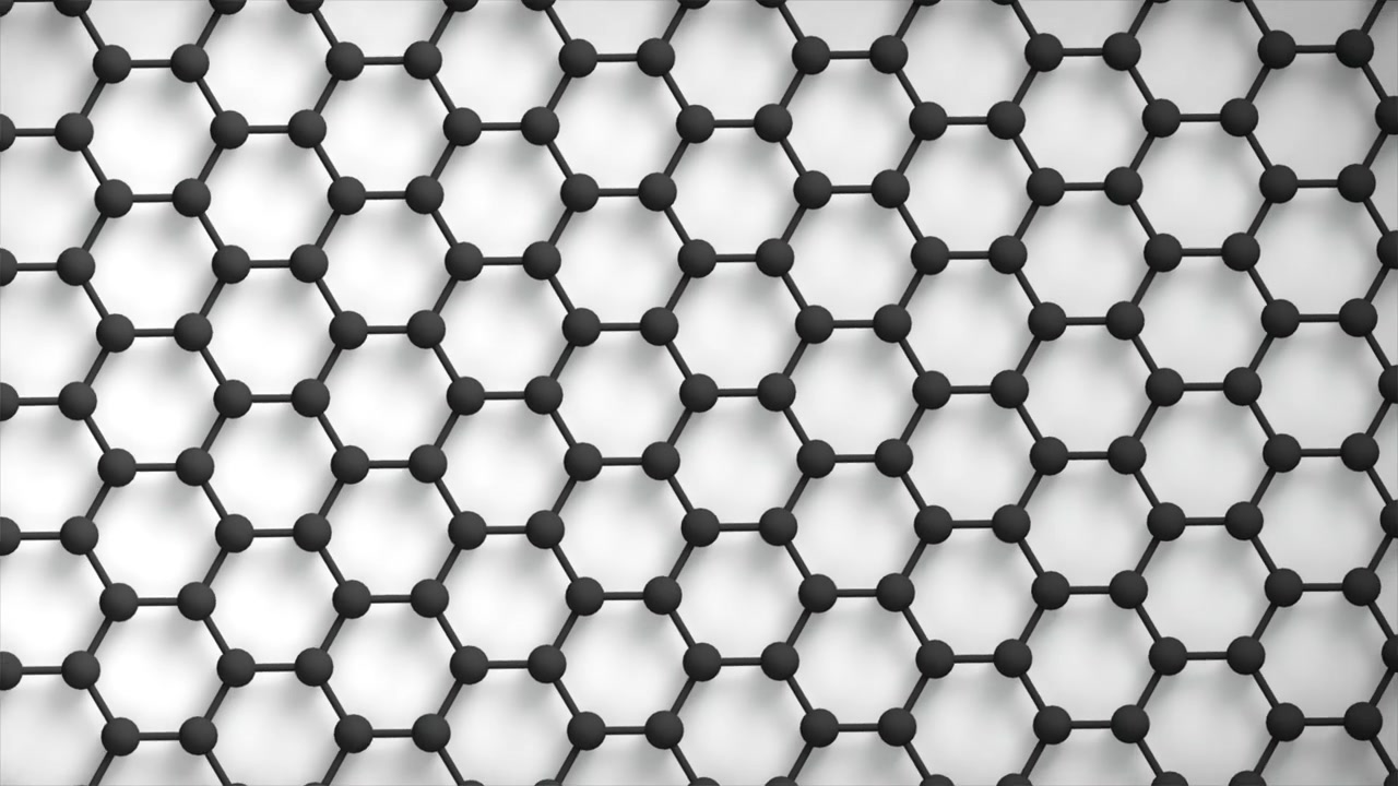 Estructura de grafeno, bucle de nanotecnología, giro B/N. Esta animación 3D de nanotecnología representa la ingeniería a nivel molecular.