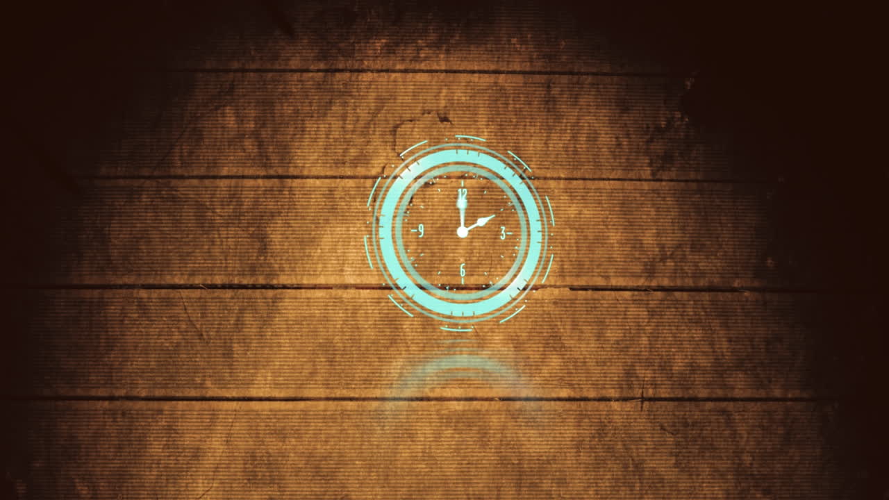 Animation of blue clock over wooden wall