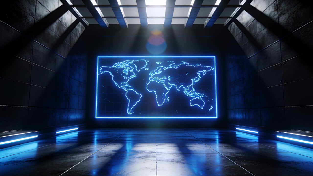 Pulsing neon world map display casting glow on glossy floor in metal chamber, lens flare appearing