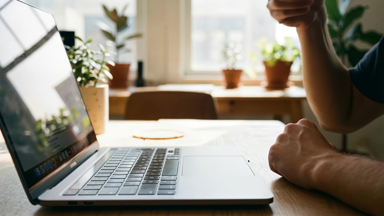 Person working on a laptop at a table in a bright room with green plants