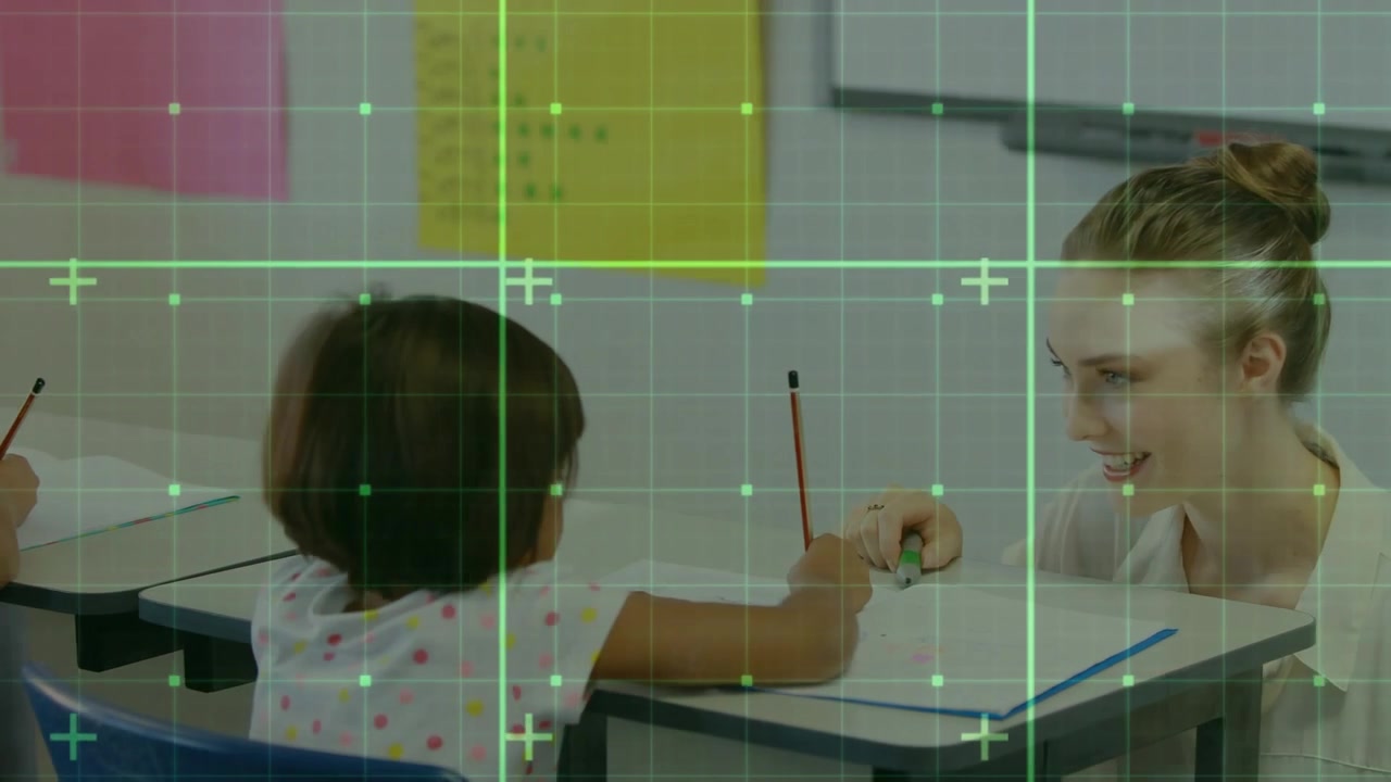 Teacher entering classroom, placing eraser, starting child writing with pencil under green overlay