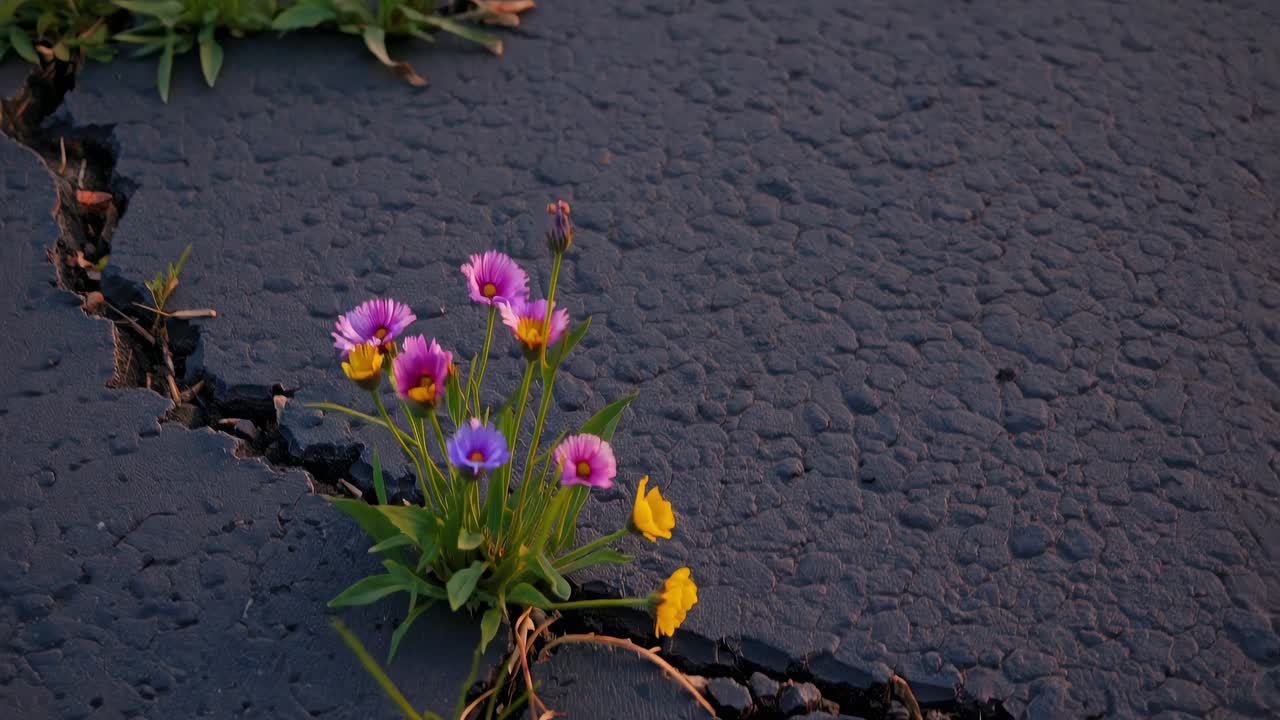 아스팔트 도로의 균열을 통해 꽃이 피는 야생 꽃, 식물로 인 버려진 건물, 그리고 해가 지는 동안 잊혀진 도시의 잔재로 서있는 교통 신호등.